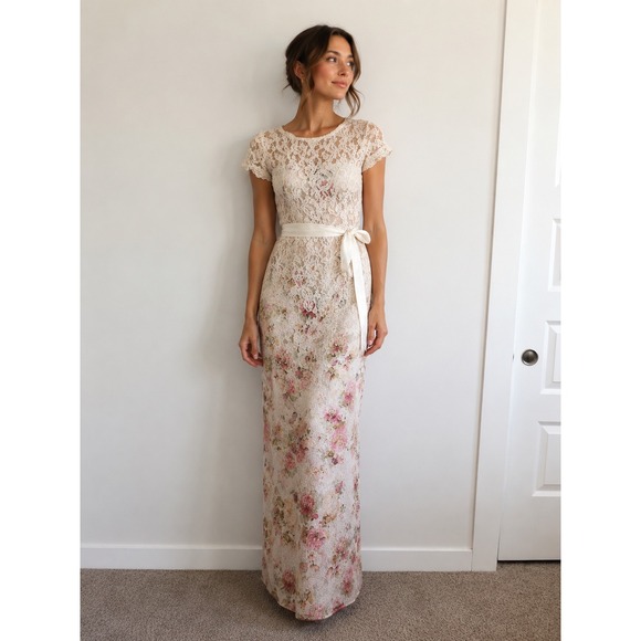 Adrianna Papell Dresses & Skirts - Adrianna Papell Floral Lace Maxi Dress Ivory Pink Cap Sleeve Formal Gown Size 8